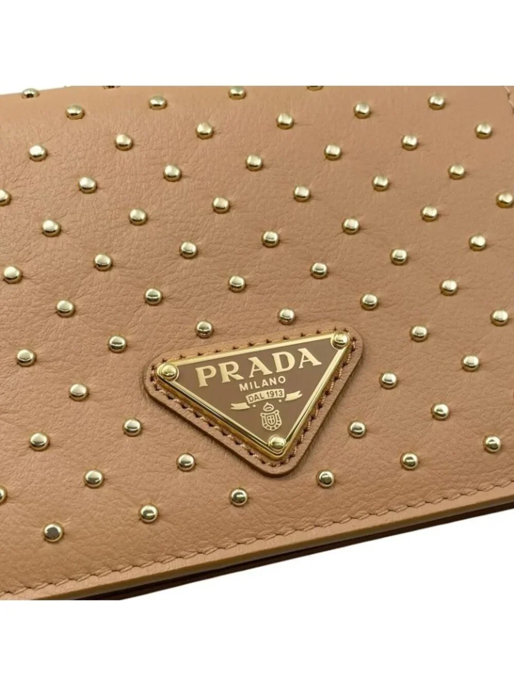 Prada Bifold Wallet Studded Leather Triangle Logo Natural Beige Gold - Picture 5 of 11